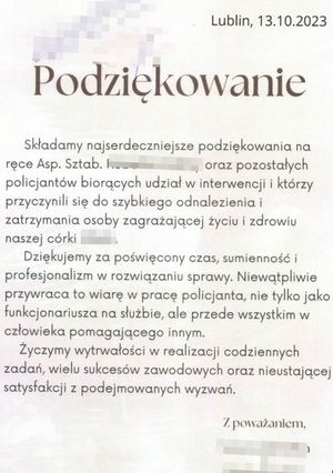 treść podziękowań dla policjantów