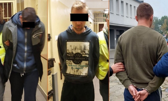 trzej zatrzymani mężczyźni w kajdankach