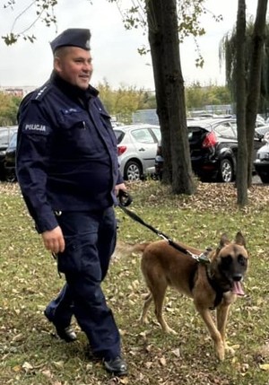 umundurowany policjant idzie z psem na smyczy