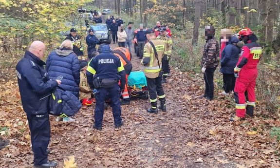 Na leśnej drodze stoją policjanci i strażacy