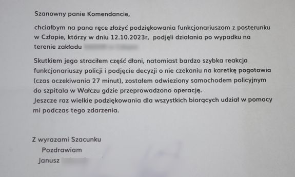 Wydrukowane na białym papierze podziękowanie