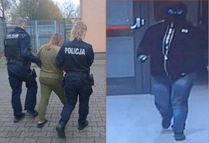 Kolaż zdjęć na których widać zatrzymaną kobietę przez policjantów oraz w chwili napadu na bank