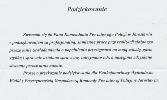 fragment zdjęcia listu z podziękowaniami dla policjantów