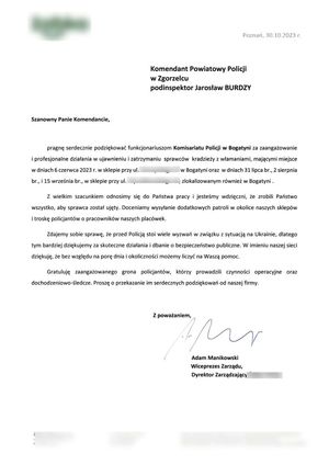 Skan listu z podziękowaniami. Treść listu dostępna cyfrowo w załączniku