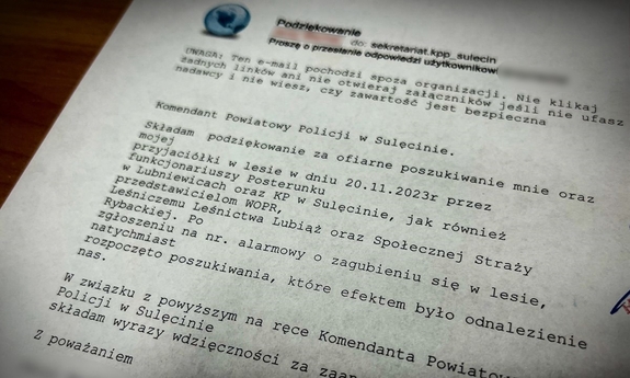 zdjęcie wiadomości e-mail z podziękowaniami dla policjantów