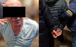 kolaż dwóch zdjęć przedstawia zatrzymanego mężczyznę z policjantami