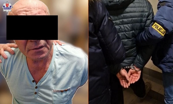 kolaż dwóch zdjęć przedstawia zatrzymanego mężczyznę z policjantami