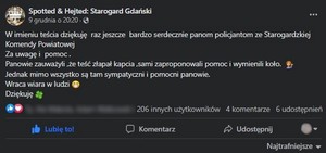 Podziękowania dla policjantów zamieszczone na jednym z portali internetowych