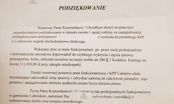 zdjęcie listu z podziękowaniami dla policjanta