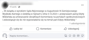 przeprosiny dla policjantki zamieszczone na portalu społecznościowym