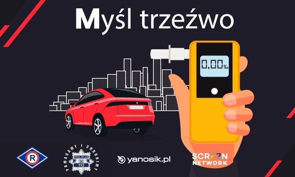 grafika z napisem: Myśl trzeźwo, na środku czerwony samochód, po jego prawej stronie alkomat trzymany w dłoni. Na dole grafiki loga policji, Yanosik.pl, screen network, Ruch drogowy