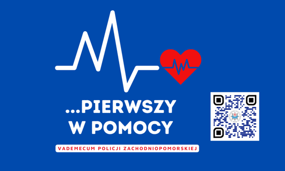na niebieskim tle napis ...pierwszy w pomocy vademecum policji zachodniopomorskiej. Obok napisu kod QR. Powyżej napisu tzw. linia życia i czerwone serce