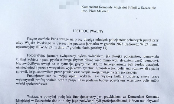 zdjęcie fragmentu listu z podziękowaniami dla policjantów