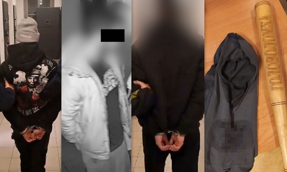 kolaż zdjęć przedstawia trzech zatrzymanych i zabezpieczony kij bejsbolowy