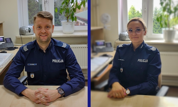 Policjant i policjantka siedzą za biurkiem