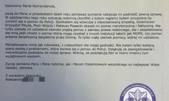 zdjęcie przezsłanego listu z podziękowaniami
