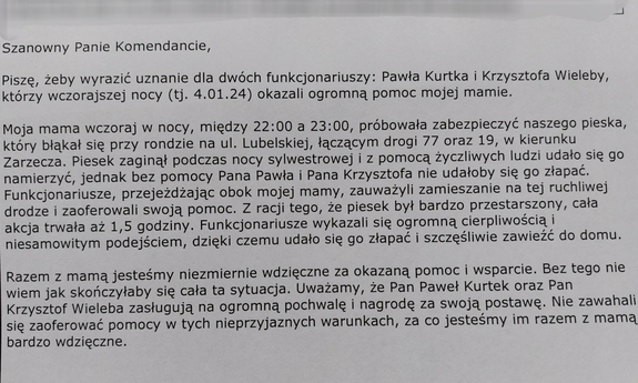 zdjęcie listu z podziękowaniami