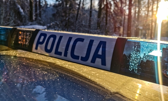 Napis policja na sygnalizatorze świetlnym znajdującym się na dach radiowozu policyjnego, W tle drzewa.
