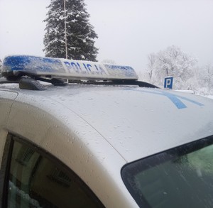 Dach radiowozu oznakowanego. Na dachu belka z napisem Policja. Samochód przysypany śniegiem. W tle zaśnieżone drzewo iglaste. Sceneria zimowa