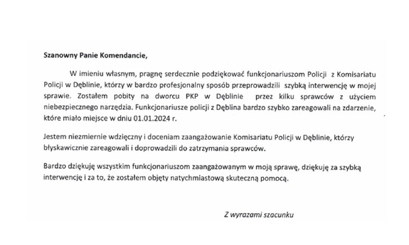 zdjęcie listu podziękowaniami dla policjantów