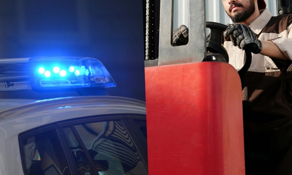 Kolaż dwóch zdjęć: fragment radiowozu i mężczyzna za kierownicą wózka widłowego