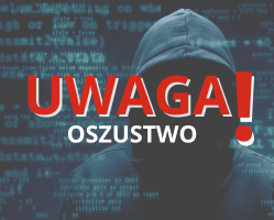grafika - oszust w kapturze na głowie przy komputerze, napis: Uwaga oszustwo!
