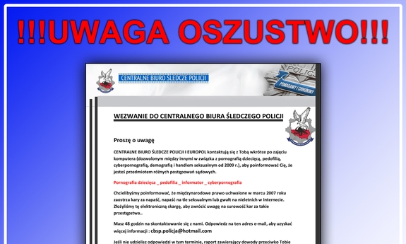 grafika przedstawia napis Oszustwo! oraz przykład fałszywej informacji od oszustów