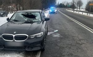 Na poboczu drogo stoi samochód z uszkodzoną przednią szybą, za nim z tyłu stoi radiowóz policyjny.