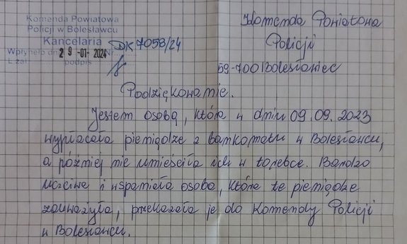 list z podziękowaniami dla policjanta, deskrypcja w załączniku