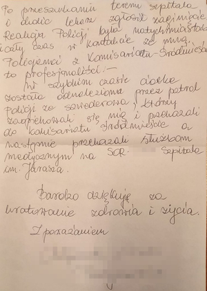 Zdjęcie listu z podziękowaniami dla policjantów.