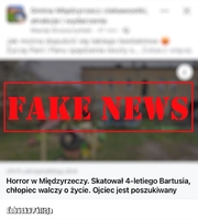Grafika przedstawia zdjęcie fałszywej informacji na portalu społecznościowym. Poniżej czerwony napis fake news