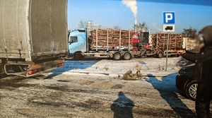 Po prawej stronie stoi mężczyzna, po lewej tylna część naczepy samochodu ciężarowego. W tle samochód ciężarowy z podpiętymi do niego dwiema naczepami, na których znajdują się ścięte pnie drzew.
