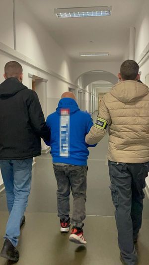 zatrzymany prowadzony przez policjantów. Widok z tyłu