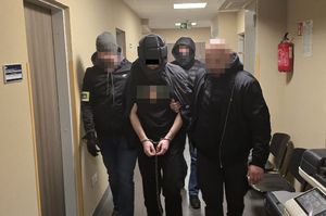 Zakuty w kajdanki mężczyzna, w specjalnym hełmie na głowie, prowadzony przez ubranych po cywilnemu policjantów - widok z przodu