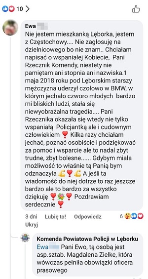 komentarze zamieszczone na Facebooku lęborskiej jednostki, w których opisywane są przypadki pomocy, jakiej udzieliła funkcjonariuszka osobom potrzebującym wsparcia i dobrej rady.