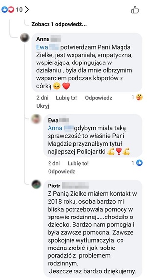 komentarze zamieszczone na Facebooku lęborskiej jednostki, w których opisywane są przypadki pomocy, jakiej udzieliła funkcjonariuszka osobom potrzebującym wsparcia i dobrej rady.
