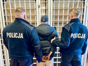 dwaj policjanci prowadzą zatrzymanego - widok z tyłu