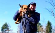 Policjant przewodnik trzyma na rękach swojego psa służbowego