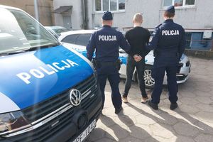 policjanci prowadzą zatrzymanego, w tle radiowozy policyjne