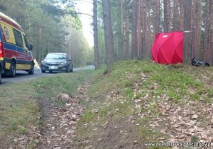 wypadek motocykla - karetka i samochód osobowy na poboczu drogi i zasłonięty po wypadku motocykl leżący koło drzewa