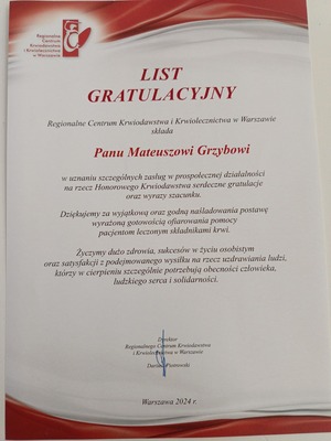 list gratulacyjny dla mł. asp. Mateusza Grzyba