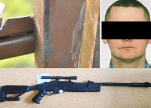 kolaż 3 zdjęć przedstawia zabezpieczoną broń, uszkodzenia bramy i agresywnego mężczyznę