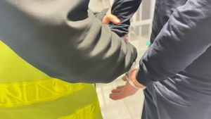 policjant prowadzi zatrzymanego w kajdankach