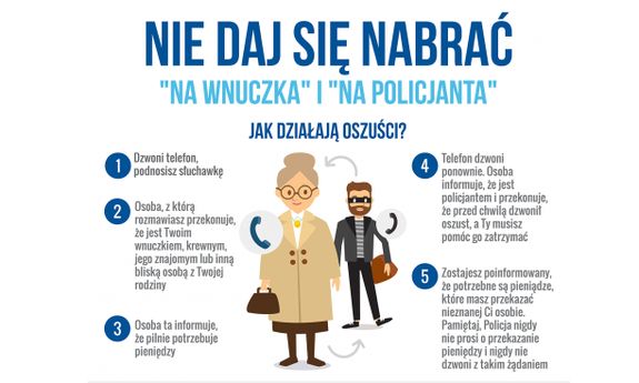 Plakat z napisem: Nie daj się nabrać &quot;na wnuczka&quot; i &quot;na policjanta&quot;