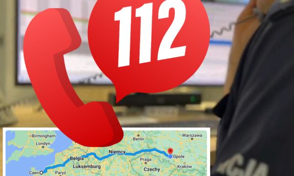 grafika z mapą. trasa od mężczyzny do policjantów. Na górze napisz 112