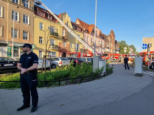 na pierwszym planie policjant stojący na chodniku, w tle wozy strażackie przy budynku