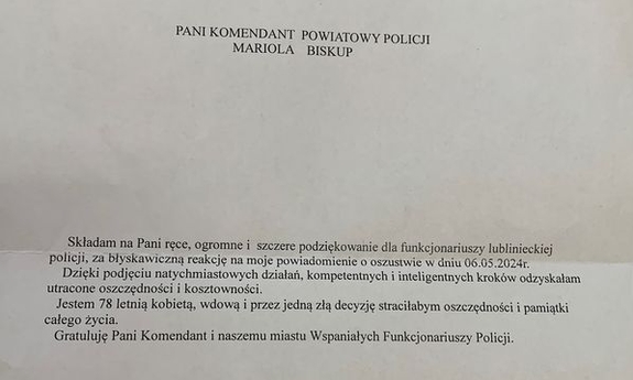 zdjęcie listu z podziękowaniami
