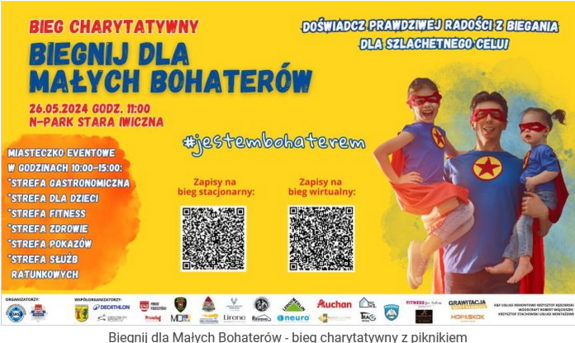 plakat zachęcający do udziału w biegu. mężczyzna trzyma na rękach dwoje dzieci. wszyscy mają peleryny. Zdjęcie: DECATHLON GO