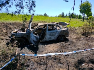 spalony samochód w rowie