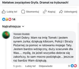 zdjęcie wiadomości z podziękowaniami na portalu społecznociowym